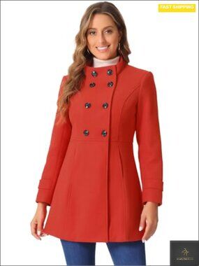 Double Breasted Stand Collar Peacoat Midi Length Fully Lined Winter Coat